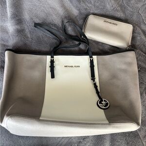 Michael Kors Two-Tone Gray and Cream Tote with matching wallet